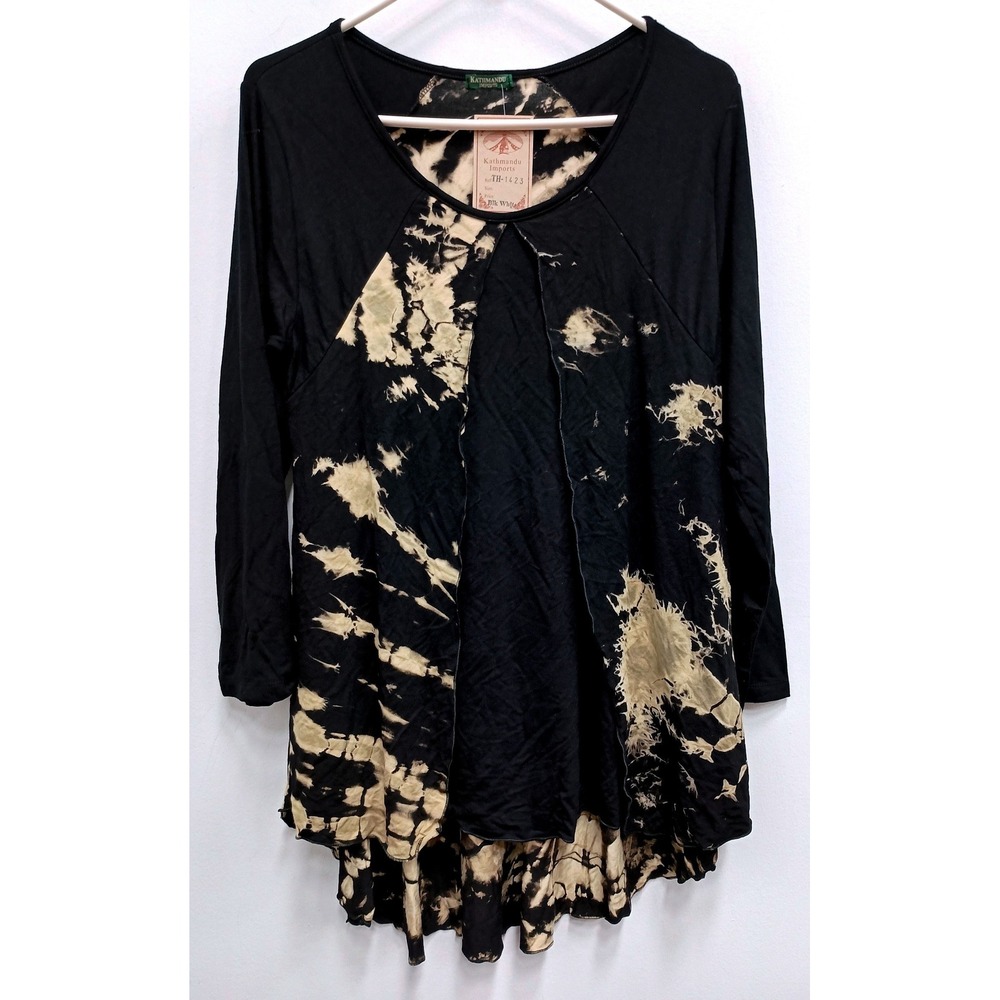 Kathmandu Imports Tunic Top Womens Large Black Tie Dye Long Sleeve Boho Hippie